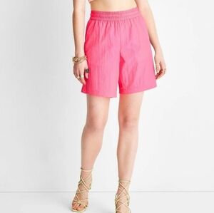 NWOT Future Collective 80s Style Baggy Nylon Pull On Shorts, Neon Hot Pink